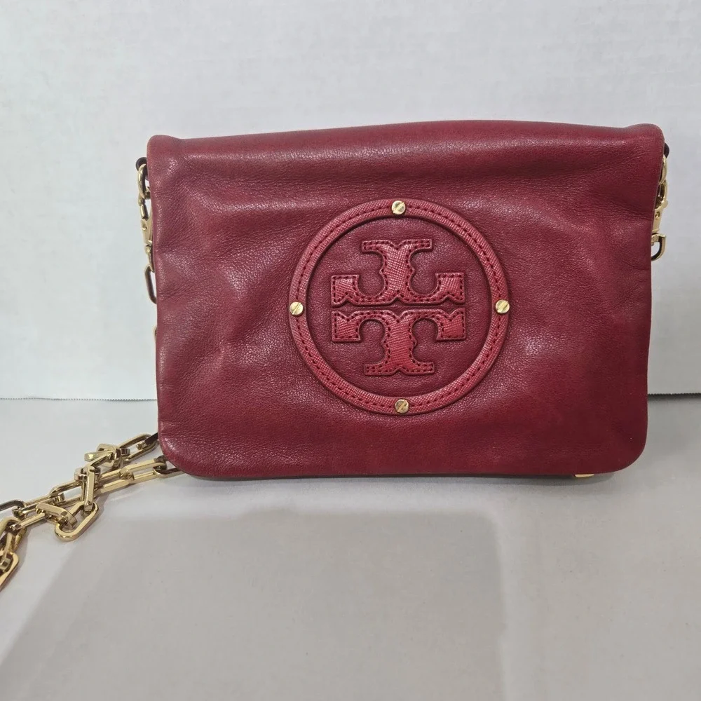 Tory Burch Miller Crossbody Bag Small Red Leather Gold Chain Logo Medallion 1113